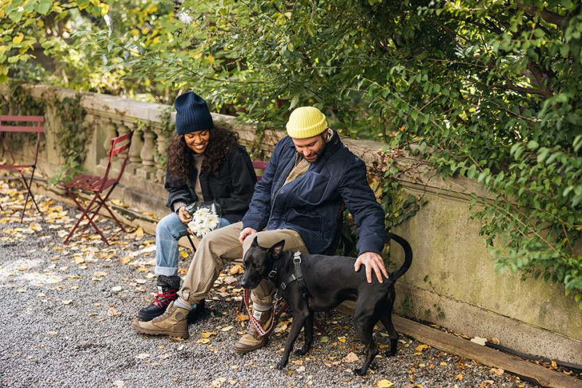 a couple of people sitting on a bench with a dog